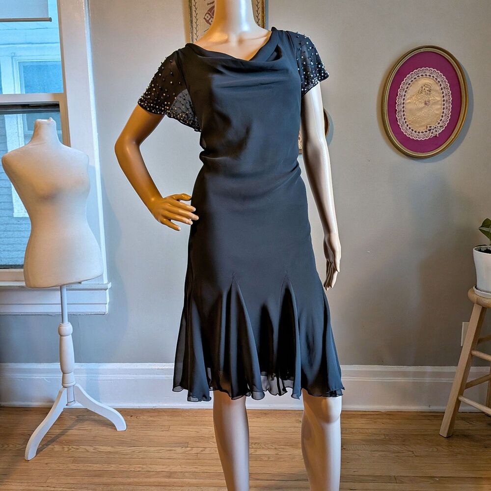 Vintage Y2K SL Fashions Black Midi Dress Beaded LBD Fairycore Whimsigoth Size 10